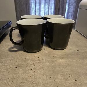 Set of Four/Vintage Corning Ware/black Mugs/White/Mid Century Mugs/D Handles